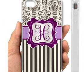 IPHONE CASE 5, IPhone 4,4S Case hard plastic- 017 Code-Personalized Shower Curtain - Custom with your Name or Initials - Damask & Stripe Chocolate, Plum and Lavendar Accents